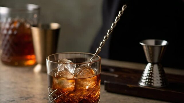 A classic cocktail with ice is being stirred in a glass on a bar counter, with bartending tools in the background.

