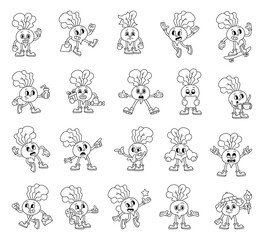 Beet vegetable cartoon characters with emotions gestures actions outfits objects and seasonal romantic elements in groovy retro outline style