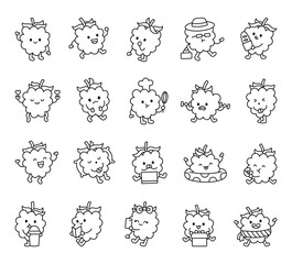 Blackberry cartoon characters with emotions and actions for cute food themed lifestyle seasonal educational illustrations in kawaii outline style