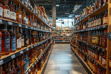Well-organized liquor store aisle with whiskey bottles on wooden shelves