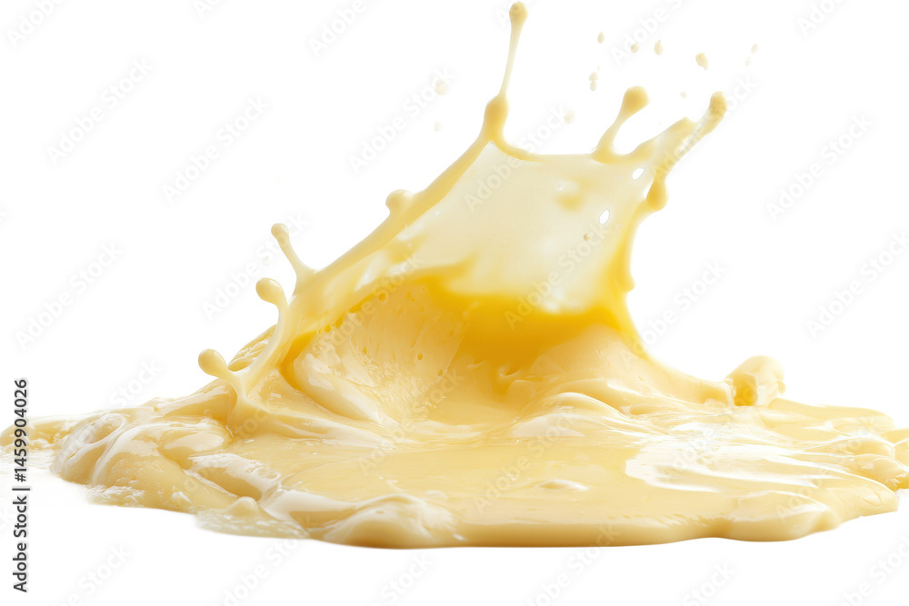 Poster a vibrant splash of creamy yellow liquid creating dynamic shapes against a dark background space