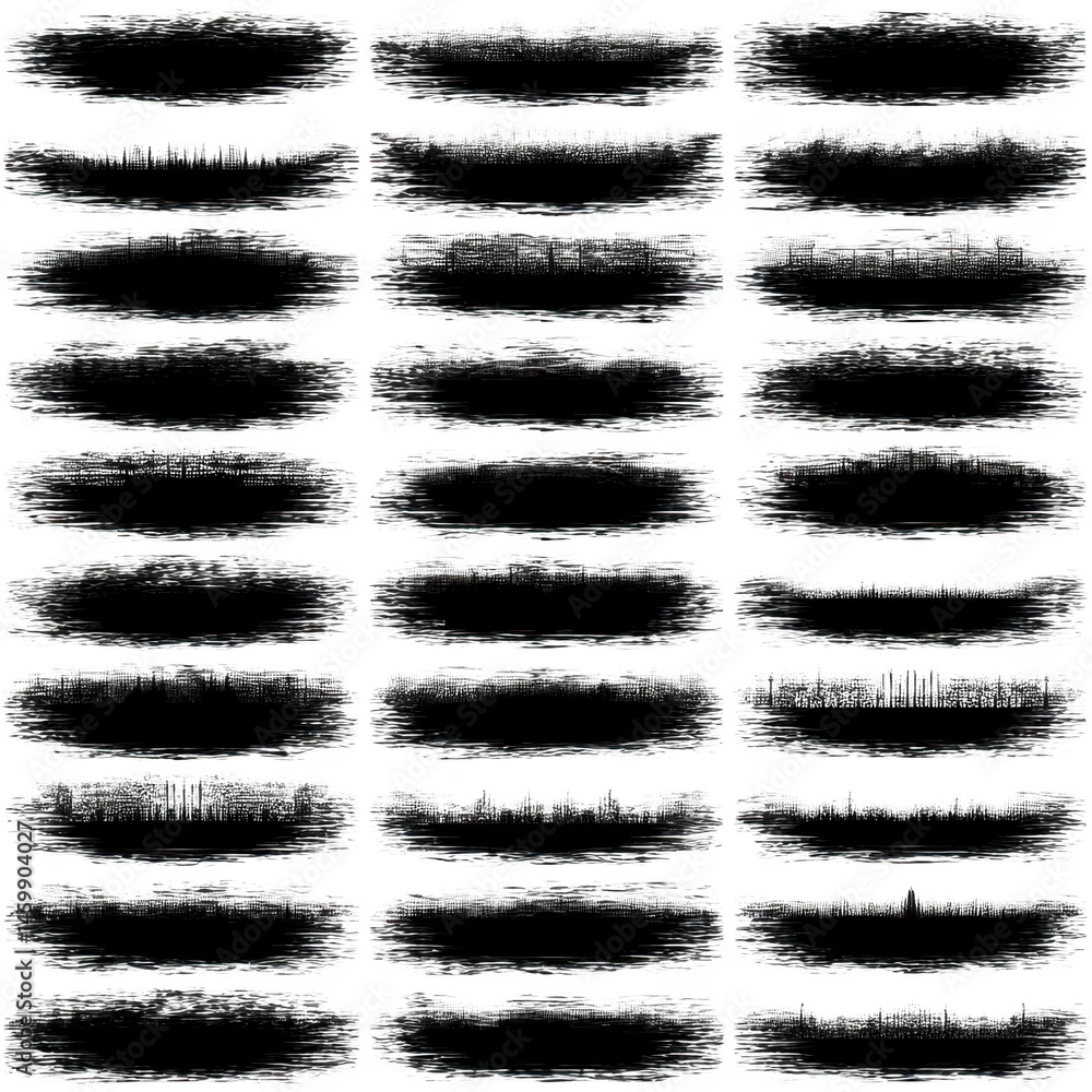 Poster collection of black brush strokes arranged in grid pattern on transparent background, ideal for crea