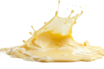 A vibrant splash of creamy yellow liquid creating dynamic shapes against a dark background space