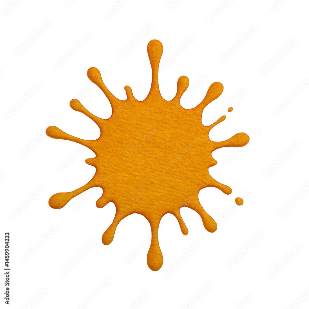 Poster vibrant orange paint splatter with irregular edges and droplets radiating outward, creating dynamic 
