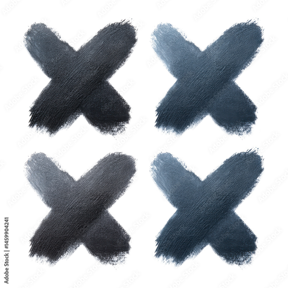 Poster four textured brushstroke x marks in varying shades of gray and blue are arranged in grid pattern, c