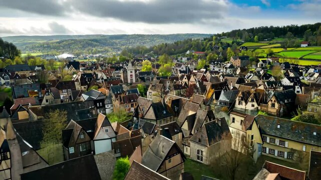 Explore the charming old town of Molsheim with its historic rooftops and beautiful landscapes, Aerial view of the old town of the city Molsheim in France on a cloudy afternoon in early spring