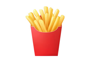 A red cardboard container filled with golden yellow french fries on a black background isolated