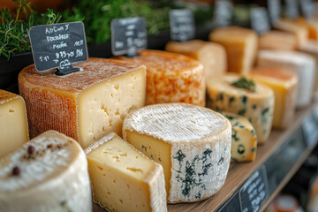 Selection of gourmet cheeses displayed on wooden counter at local cheese market