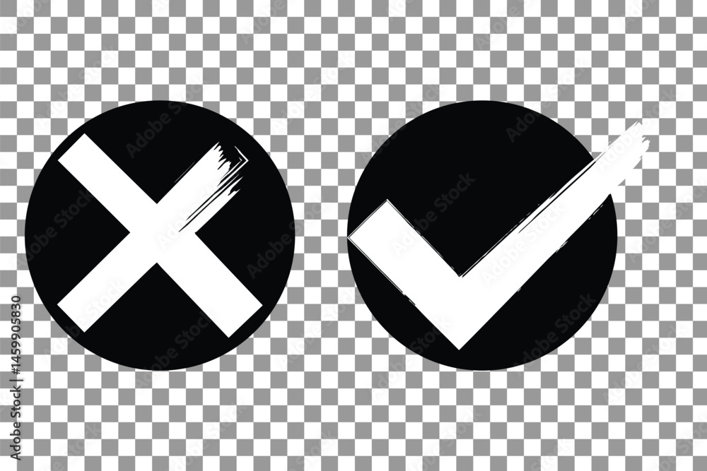 Poster green check mark, red cross, x mark icon set, hand drawn right and wrong vector sign in circle brush