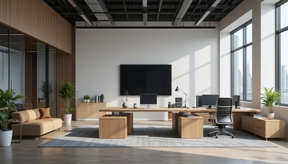 Obraz premium Modern Office Design with Light Wood Furnishings and City View
