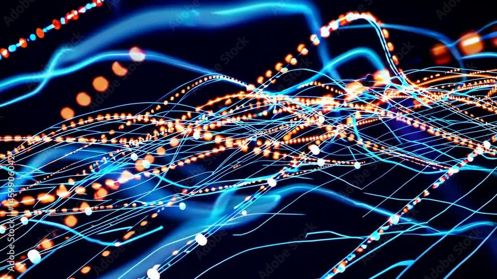 Poster dynamic flow of neon light trails on a dark background with vibrant movement and energy
