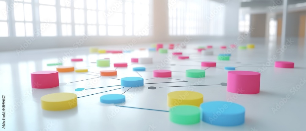 Poster abstract network visualization: colorful cylinders and connections in a modern office setting