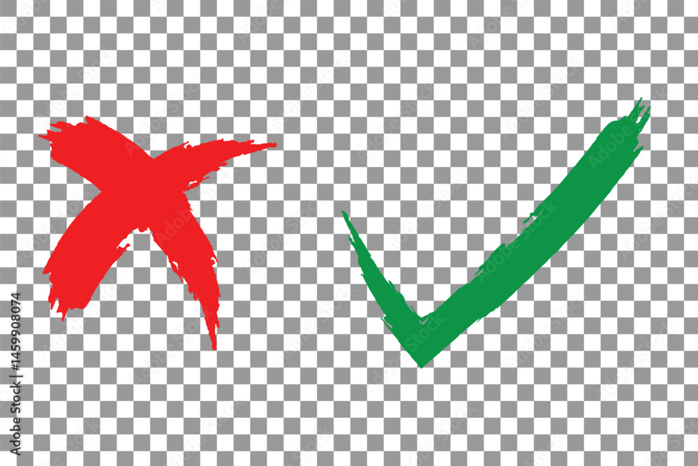 Poster green check mark, red cross, x mark icon set, hand drawn right and wrong vector sign in circle brush