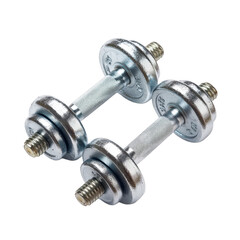 Naklejka premium Two silver adjustable dumbbells with threaded handles and weight plates are placed on transparency background, ideal for home gym workouts and strength training