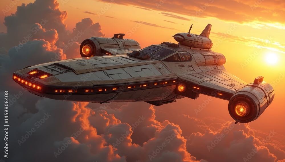 Poster futuristic spaceship flies through sunset sky. digital art, illustration of spaceship exploring spac