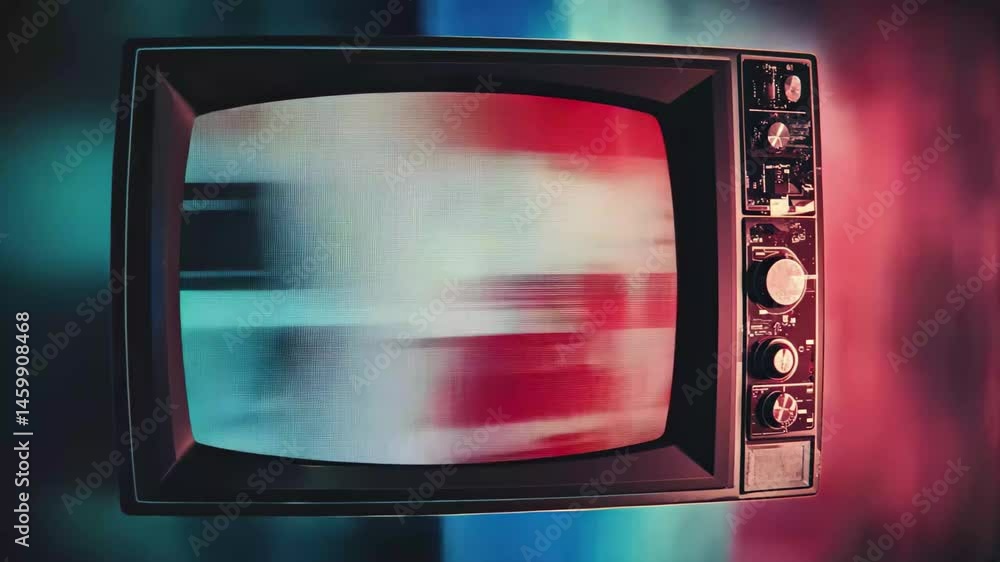 Poster broken tv displays animated digital glitch effect in vibrant colors and distorted patterns, broken t