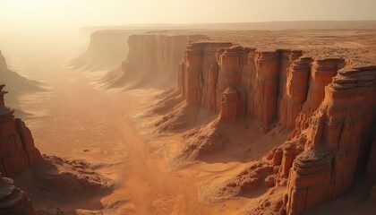 Aerial panorama of eroded desert rock formation. Rugged cliffs arid terrain, hazy skies in the Arabian Desert, Saudi Arabia. Natural beauty, travel destination, outdoor, nature scenery.