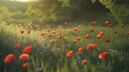 Fototapeta premium Spring meadow with delicate flowers in soft golden light, a dreamy embrace of nature's serenity.