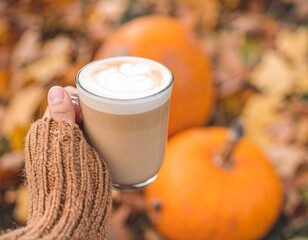 A woman’s hands wearing a cosy jumper holding a mug of latte coffee, orange autumn leaves and pumpkins in the background, aesthetic fall scene