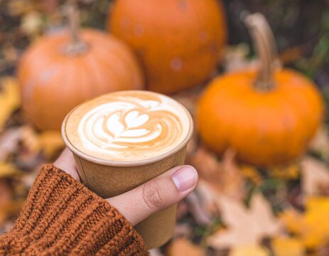 A woman&rsquo;s hands wearing a cosy jumper holding a mug of latte coffee, orange autumn leaves and pumpkins in the background, aesthetic fall scene