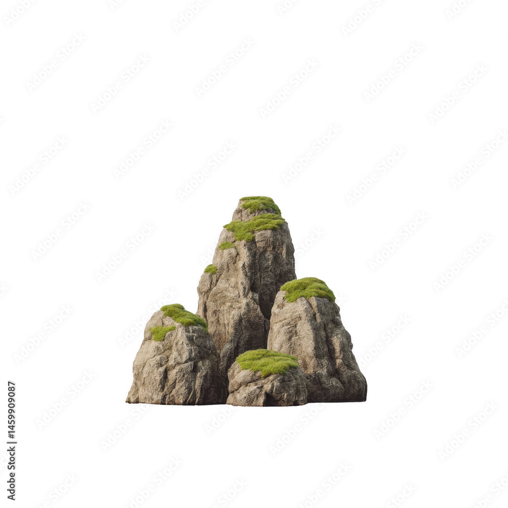 Poster group of three moss covered rocks arranged in triangular formation, isolated on transparency backgro