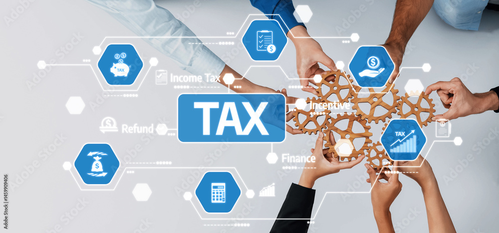 Poster a dynamic visual representation showcasing teamwork in tax planning and finance management, highligh