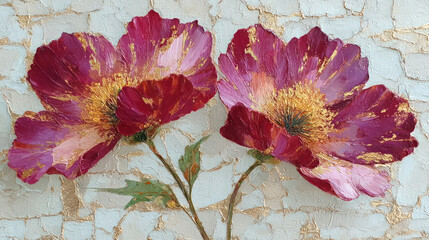 Beautiful spring burgundy flower with green leavs on decorative background as wallpaper illustration, Elegant Burgundy Gold Flower	