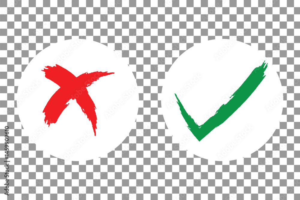 Poster green check mark and red cross isolated. right and wrong icon. vector illustration. hand drawn check