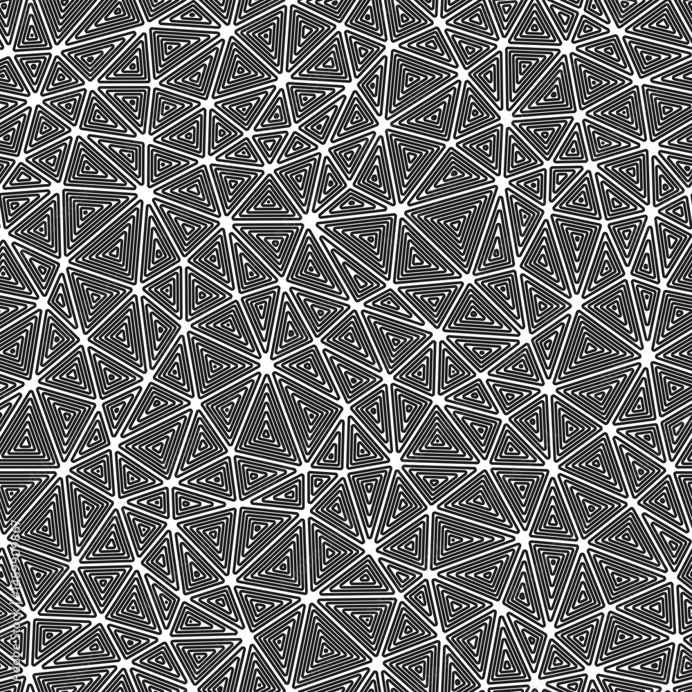 Poster pattern of triangle shapes. compact triangles size. multiple repeated inner triangles. black and whi