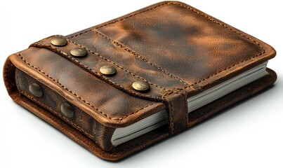 Rustic brown leather journal with metal accents and aged look.  Perfect for notes or sketches