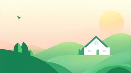 Fototapeta premium Tranquil Sunrise over Rolling Green Hills and Cozy House