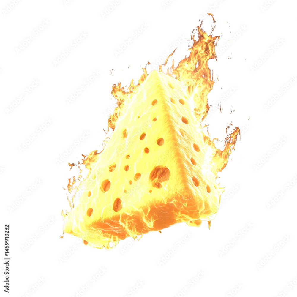 Poster piece of swiss cheese is engulfed in bright, dynamic flames, creating striking contrast between chee