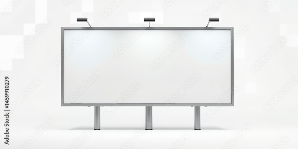 Poster a billboard with a white background and three lights on top in a studio environment