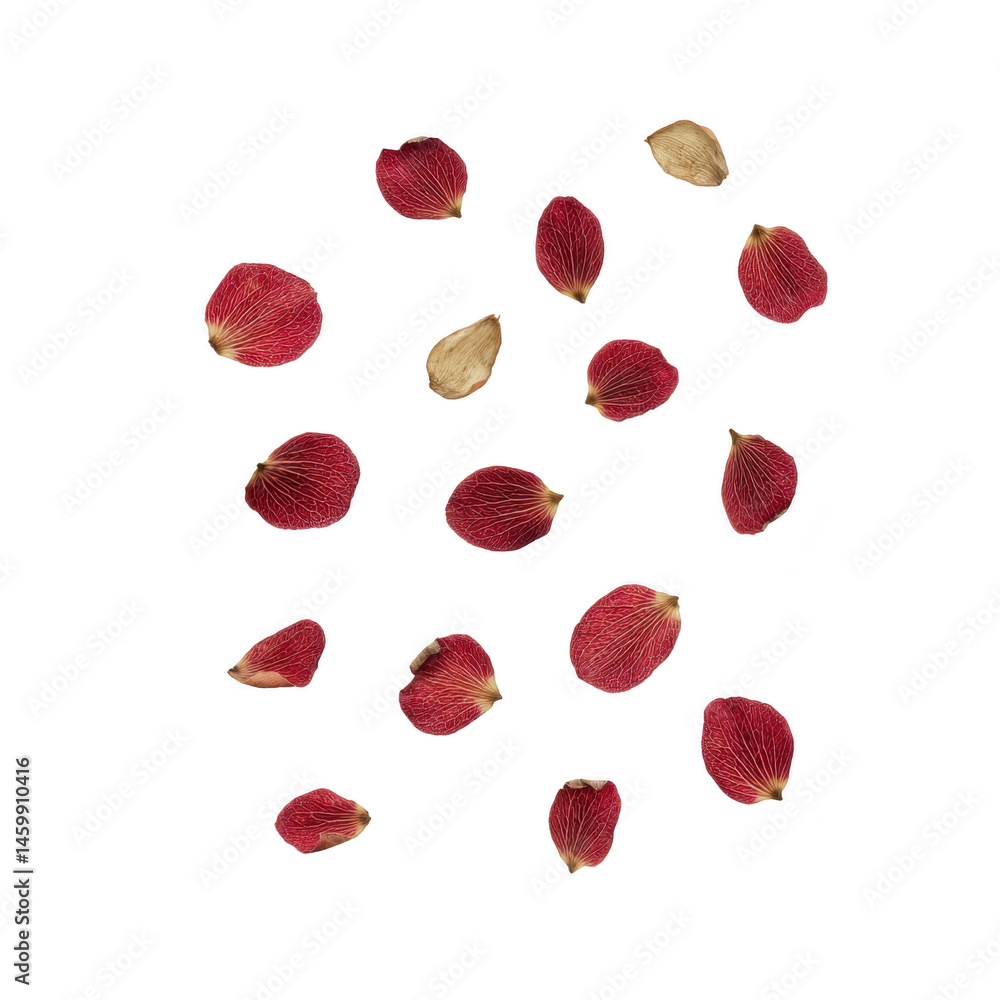Poster red and beige dried flower petals are scattered against transparency background, creating minimalist