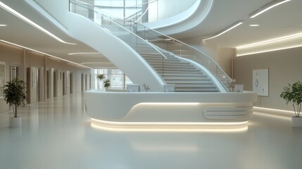 Obraz premium The main hospital foyer, designed with a floating staircase, an elegant white reception counter, and ultra-modern LED ambient lighting