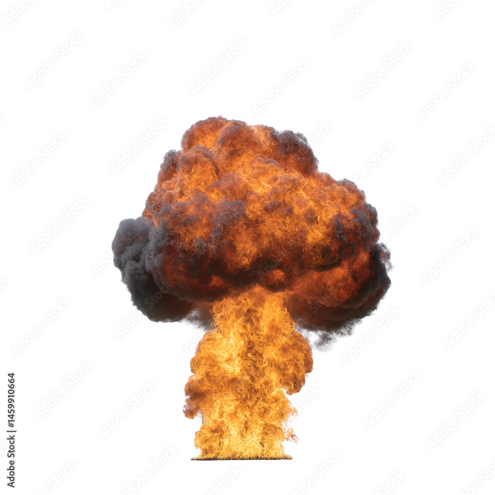 Poster fiery explosion with large mushroom cloud of smoke and flames rising dramatically into air, creating