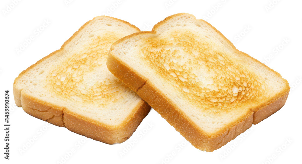 Poster two slices of buttered toast on a white surface showing golden brown edges and a glossy buttered top