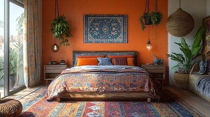 Artful bedroom design with hanging planters and rugs high resolution photo