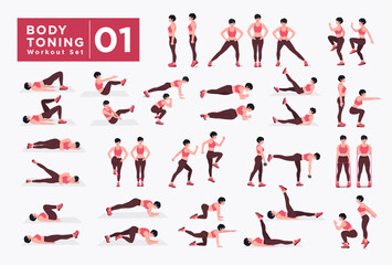 Women Workout Set. Women doing fitness and yoga exercises. Lunges, Pushups, Squats, Dumbbell rows, Burpees, Side planks, Situ ps, Glute bridge, Leg Raise, Russian Twist, Side Crunch .etc