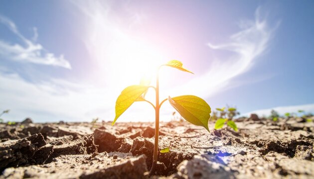 Vibrant Sprout Reaching Towards the Sunlight in a Dry Landscape: Symbolizing Hope and Resilience Amidst Environmental Challenges - A Powerful Image of New Growth Emerging from Arid Ground.