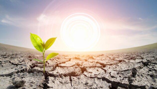 A Single Sprout Reaching for Sunlight in a Parched Land: Symbolizing Hope and Resilience Against Climate Change and Drought - A Powerful Image of New Life Emerging from Arid Earth.