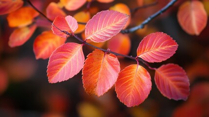 Obraz premium Close-up view of vibrant autumn leaves displaying stunning shades of red and orange, set against a soft, dark background. Ideal for nature themes.