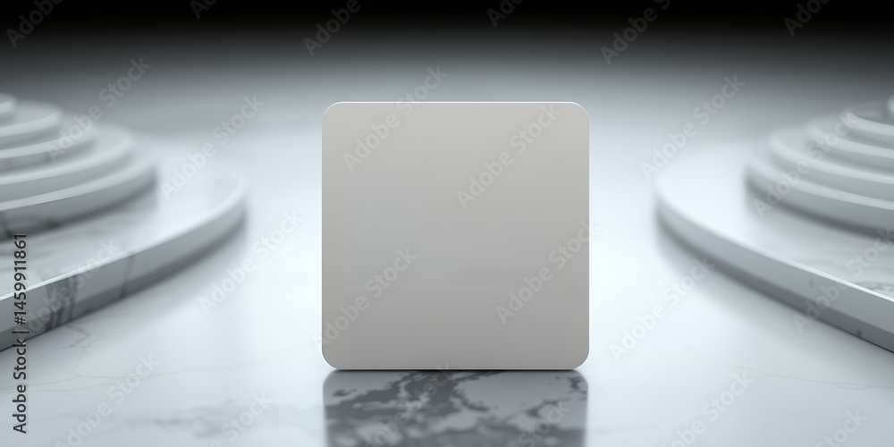 Poster a square podium in the center with circular steps on either side in a white setting
