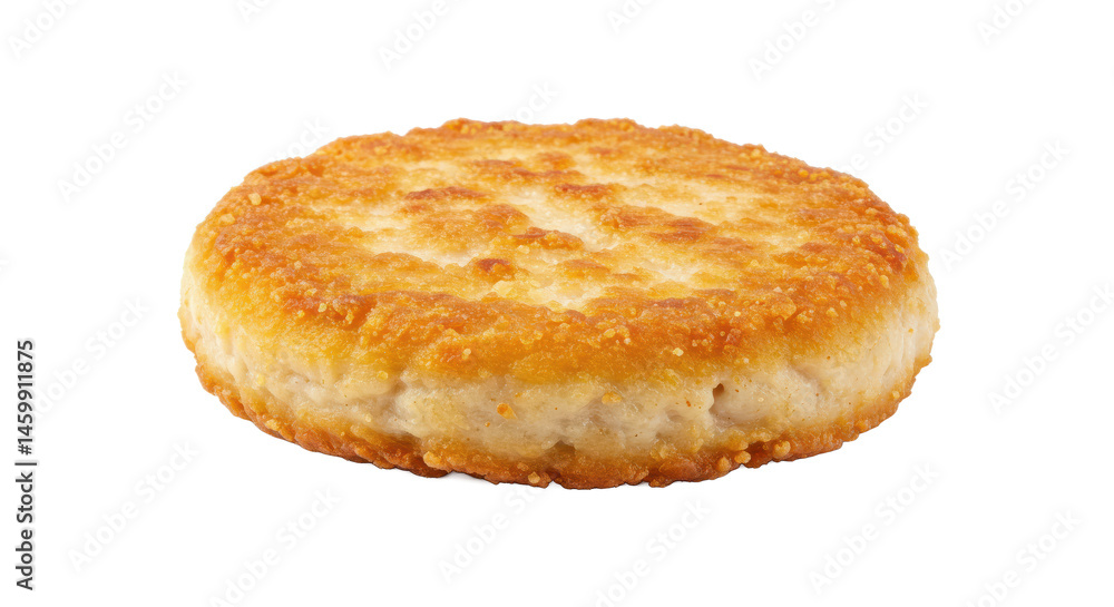 Poster a single biscuit with golden brown crust isolated against a plain black background in a studio setti