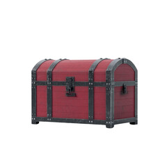 Vintage red treasure chest with black metal accents and rustic lock, evoking sense of mystery and adventure. Perfect for pirate themed decor or storage