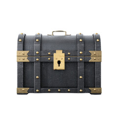 Vintage black treasure chest with brass accents and large lock, evoking sense of mystery and adventure. chest weathered texture suggests age and hidden secrets