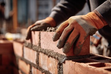 Close-up of hands placing a brick in a wall.  Construction worker's detail.