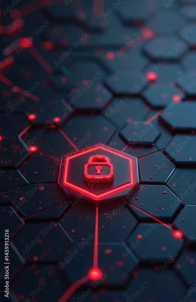 Poster cyber security concept. abstract illustration data protection, digital privacy. red glowing padlock 
