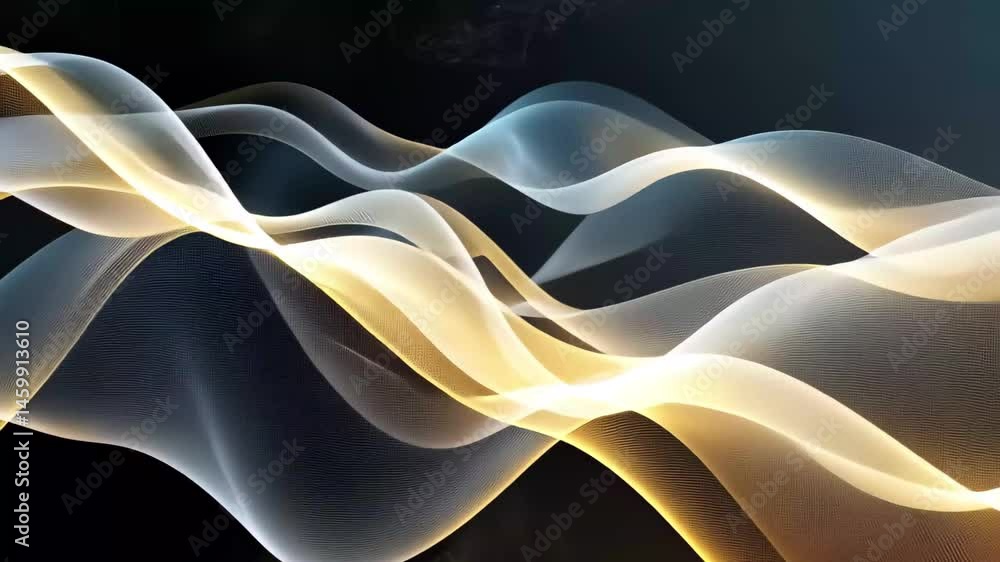 Poster Abstract shapes create layered waves on a black background featuring dynamic patterns and subtle textures, abstract shapes waving layers on black background