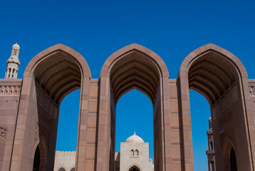 Oman, Middle East, 03-06-2025: architectural details of the Sultan Qaboos Grand Mosque in Muscat,...